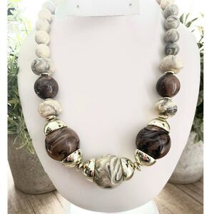 Chunky Brown Marble Bead Necklace Gold Tone Statement Jewelry